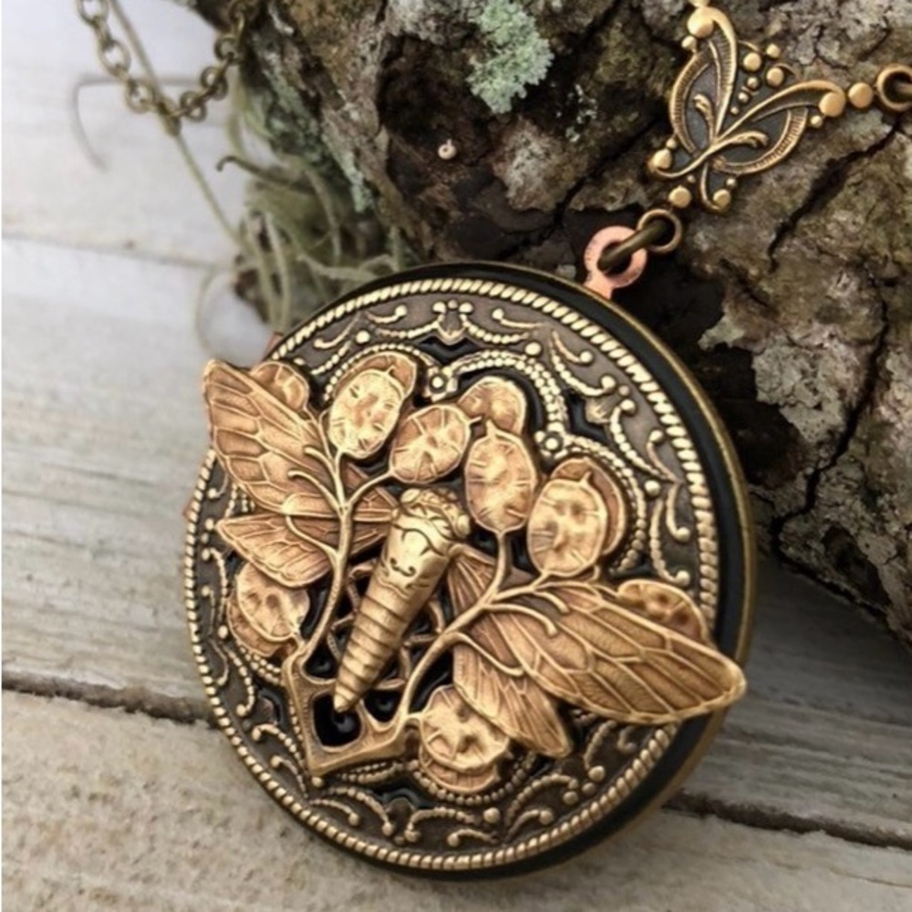 Black and gold antiqued cicada locket necklace by PinkLaLou on Etsy